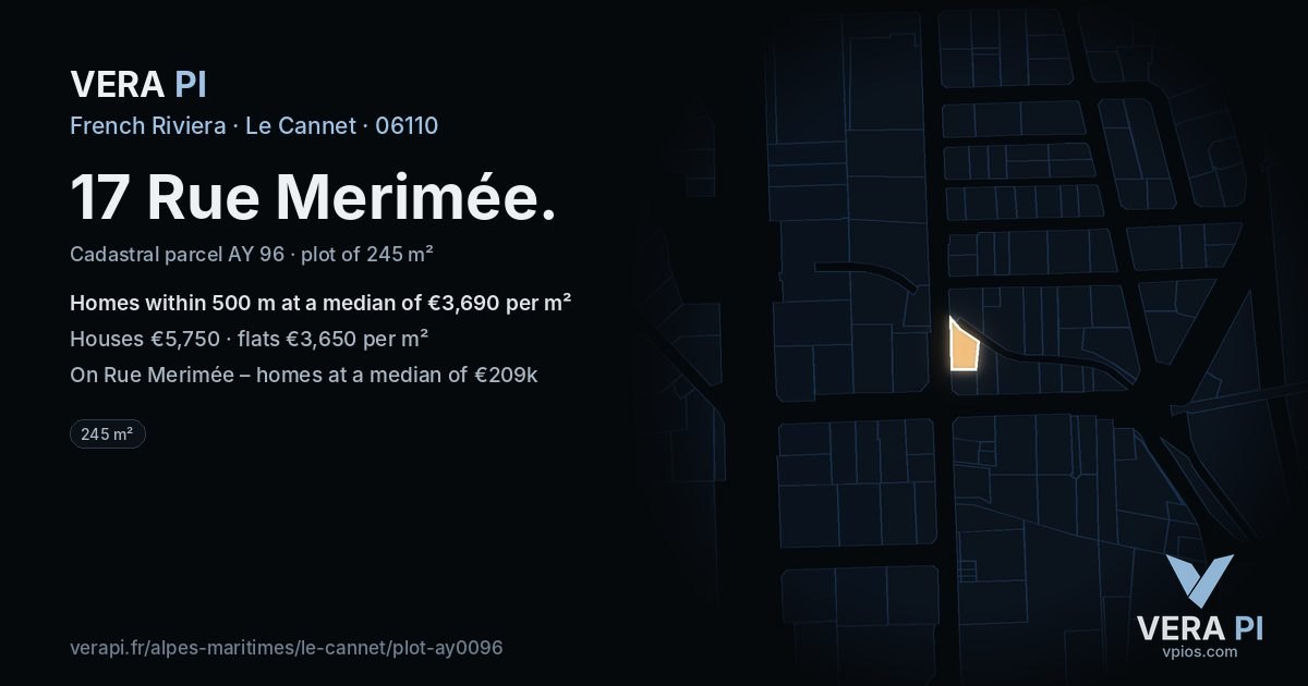 17 Rue Merimée, Le Cannet at night – the plot lit, the parcels around coloured by the prices near them