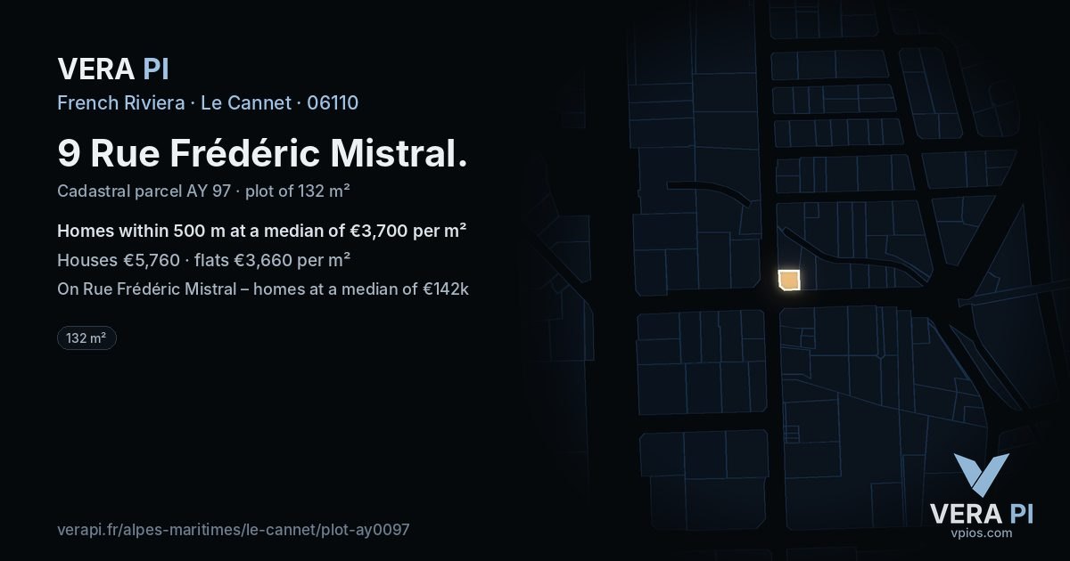 9 Rue Frédéric Mistral, Le Cannet at night – the plot lit, the parcels around coloured by the prices near them