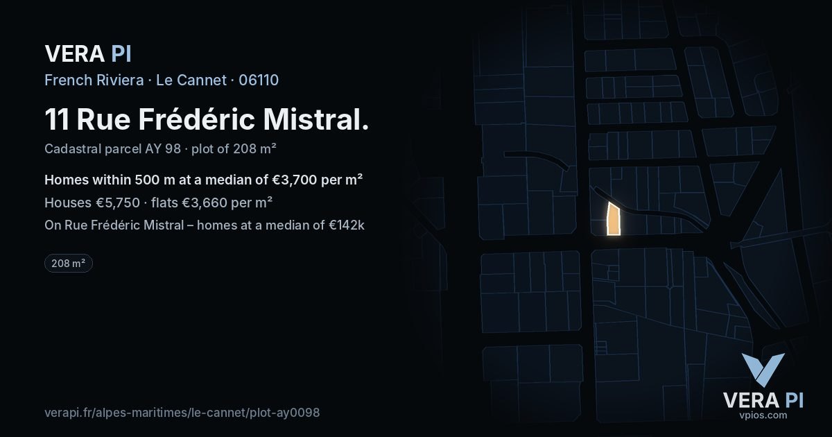 11 Rue Frédéric Mistral, Le Cannet at night – the plot lit, the parcels around coloured by the prices near them