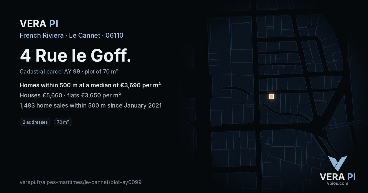 4 Rue le Goff, Le Cannet at night – the plot lit, the parcels around coloured by the prices near them