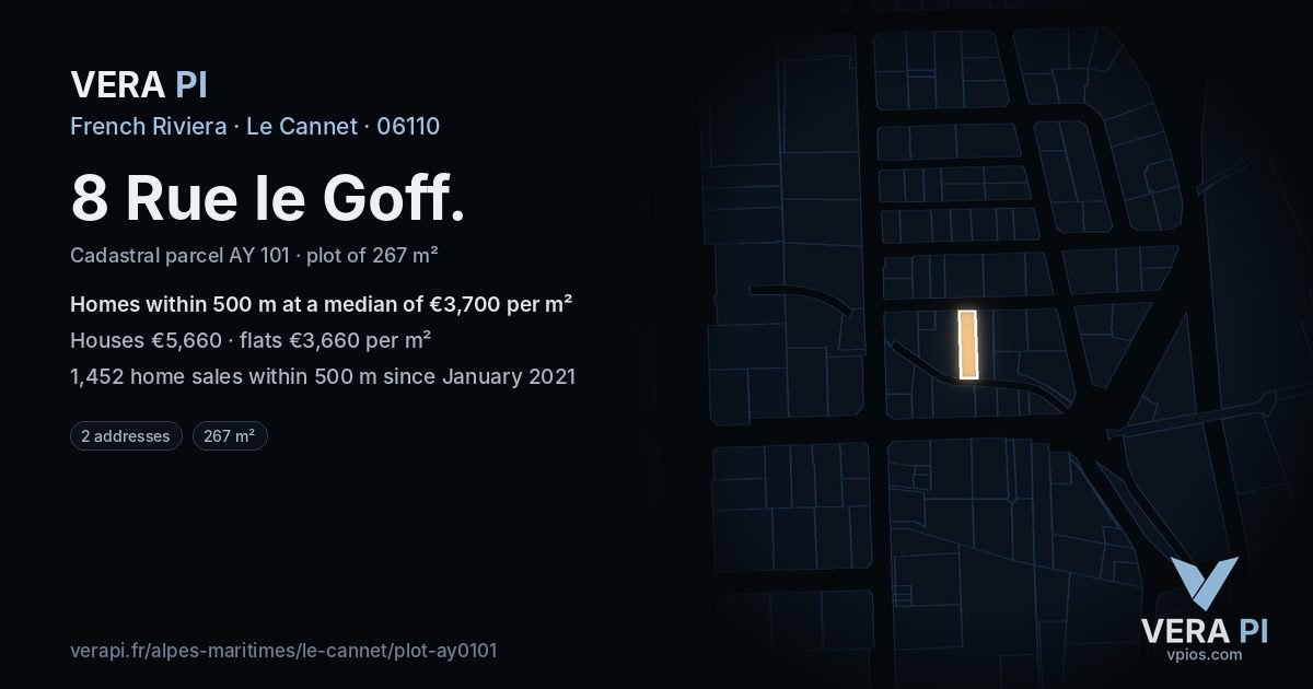 8 Rue le Goff, Le Cannet at night – the plot lit, the parcels around coloured by the prices near them