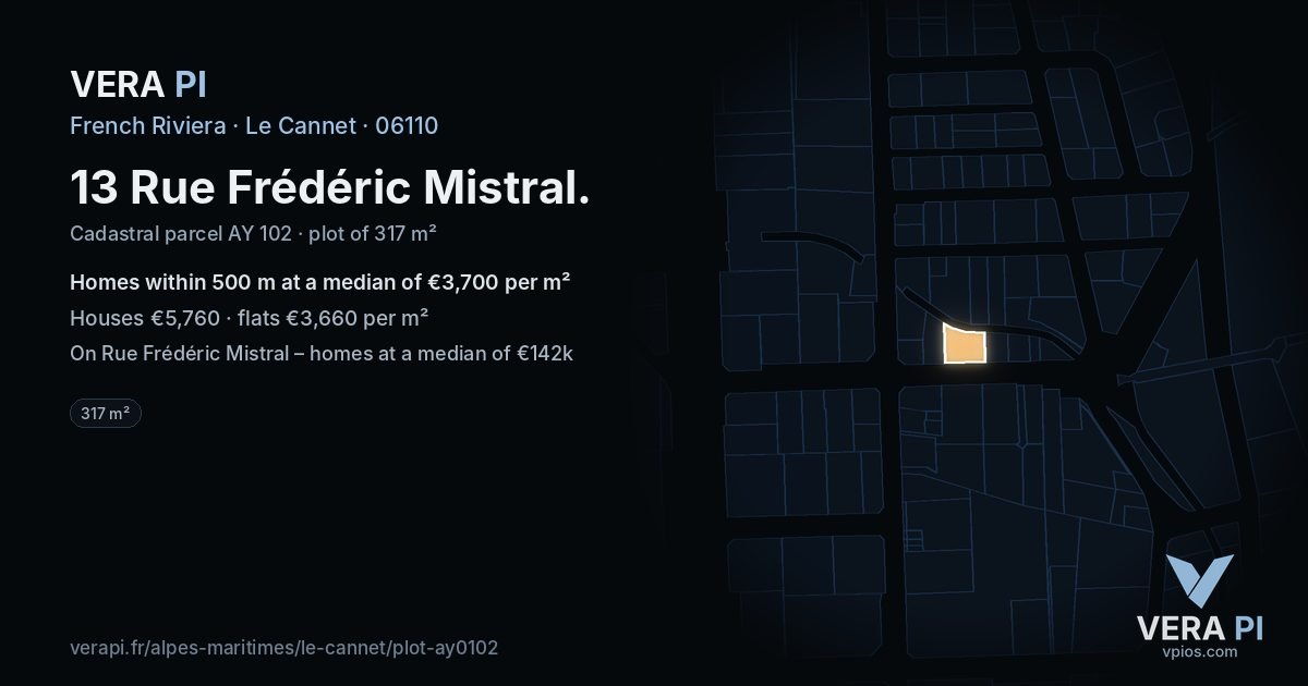 13 Rue Frédéric Mistral, Le Cannet at night – the plot lit, the parcels around coloured by the prices near them