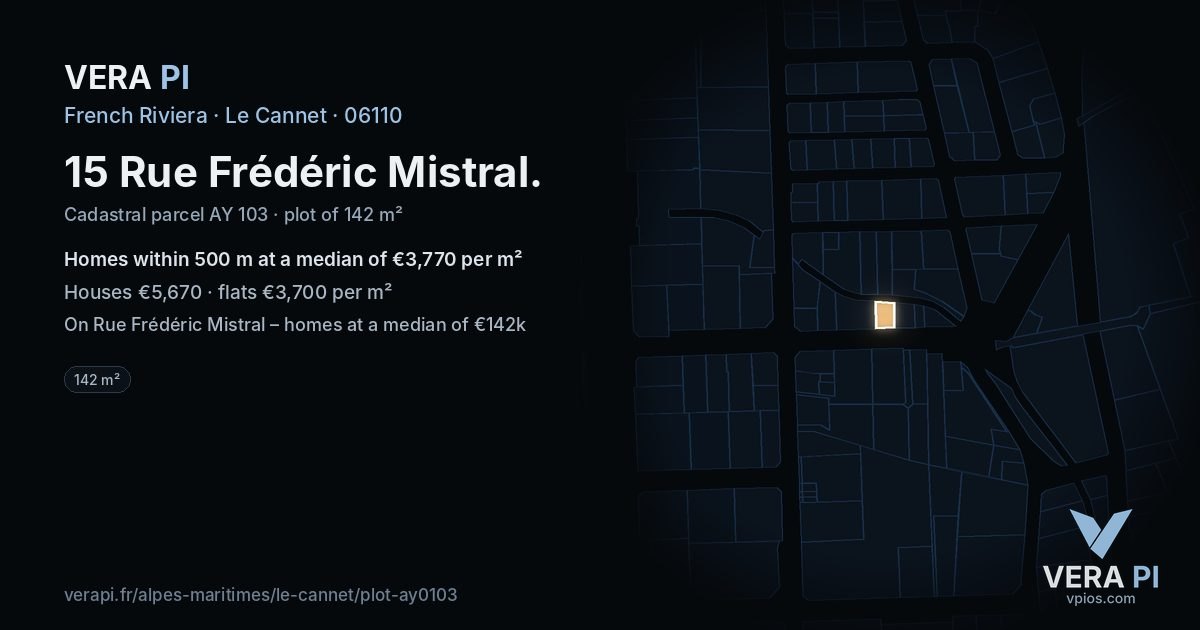 15 Rue Frédéric Mistral, Le Cannet at night – the plot lit, the parcels around coloured by the prices near them