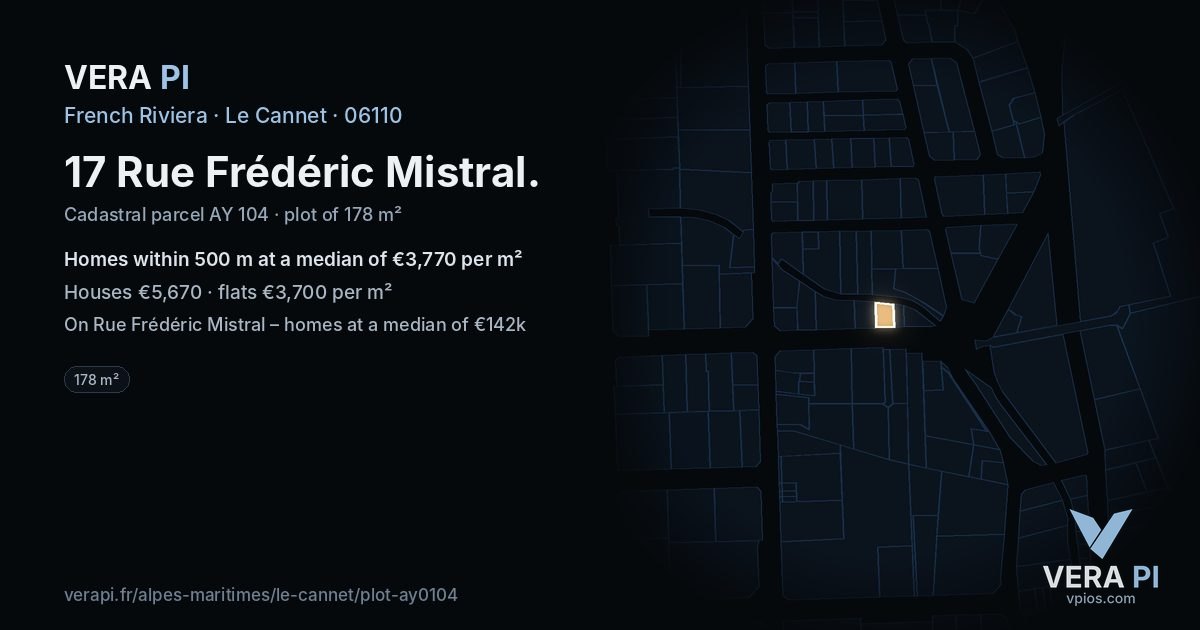 17 Rue Frédéric Mistral, Le Cannet at night – the plot lit, the parcels around coloured by the prices near them