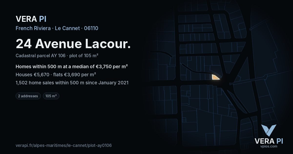 24 Avenue Lacour, Le Cannet at night – the plot lit, the parcels around coloured by the prices near them