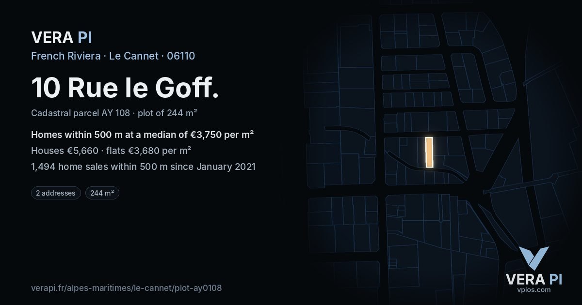 10 Rue le Goff, Le Cannet at night – the plot lit, the parcels around coloured by the prices near them