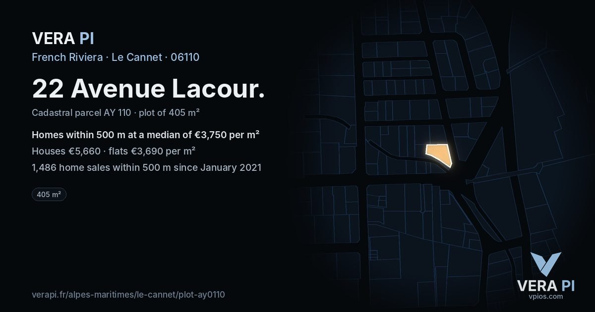 22 Avenue Lacour, Le Cannet at night – the plot lit, the parcels around coloured by the prices near them