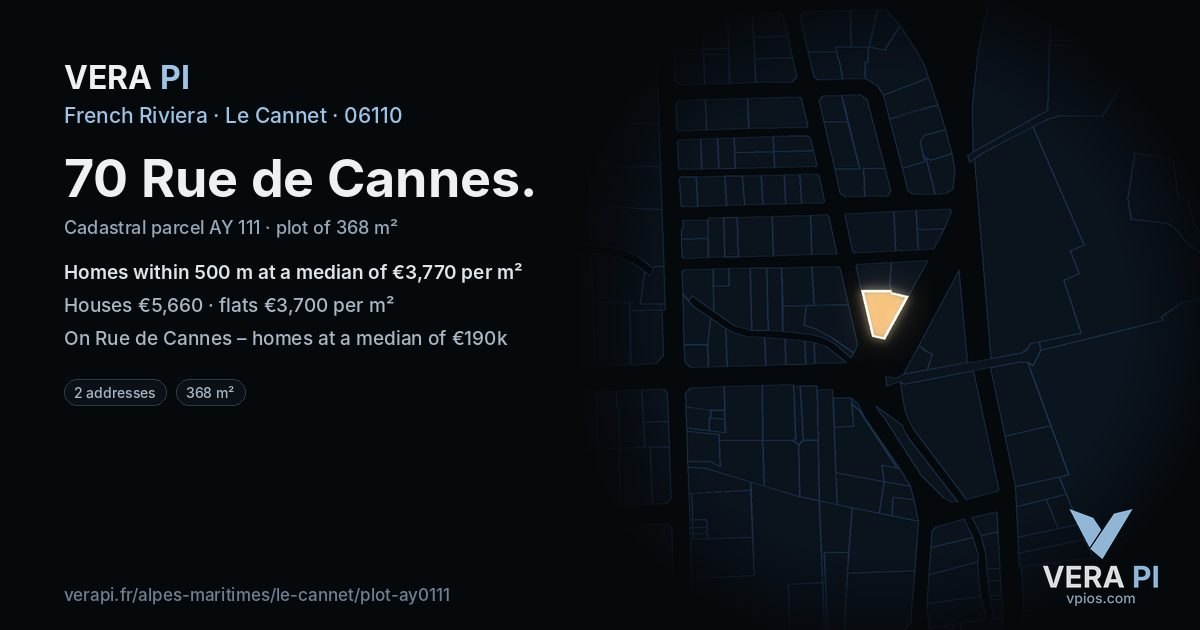 70 Rue de Cannes, Le Cannet at night – the plot lit, the parcels around coloured by the prices near them