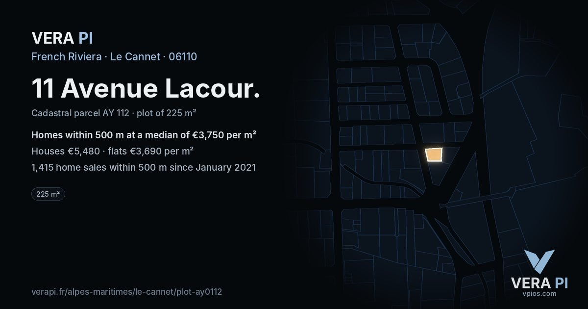 11 Avenue Lacour, Le Cannet at night – the plot lit, the parcels around coloured by the prices near them