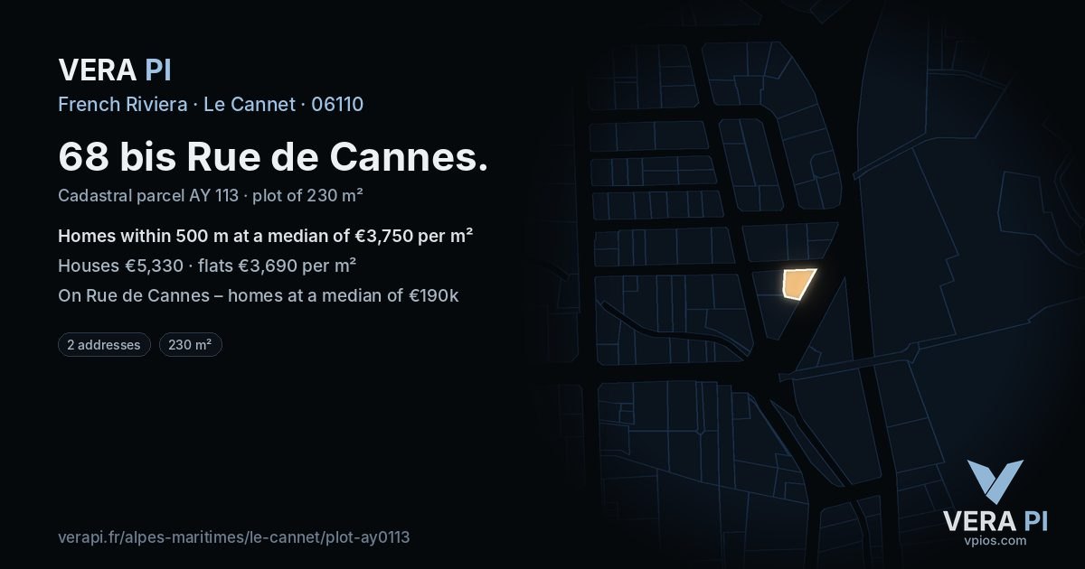 68 bis Rue de Cannes, Le Cannet at night – the plot lit, the parcels around coloured by the prices near them