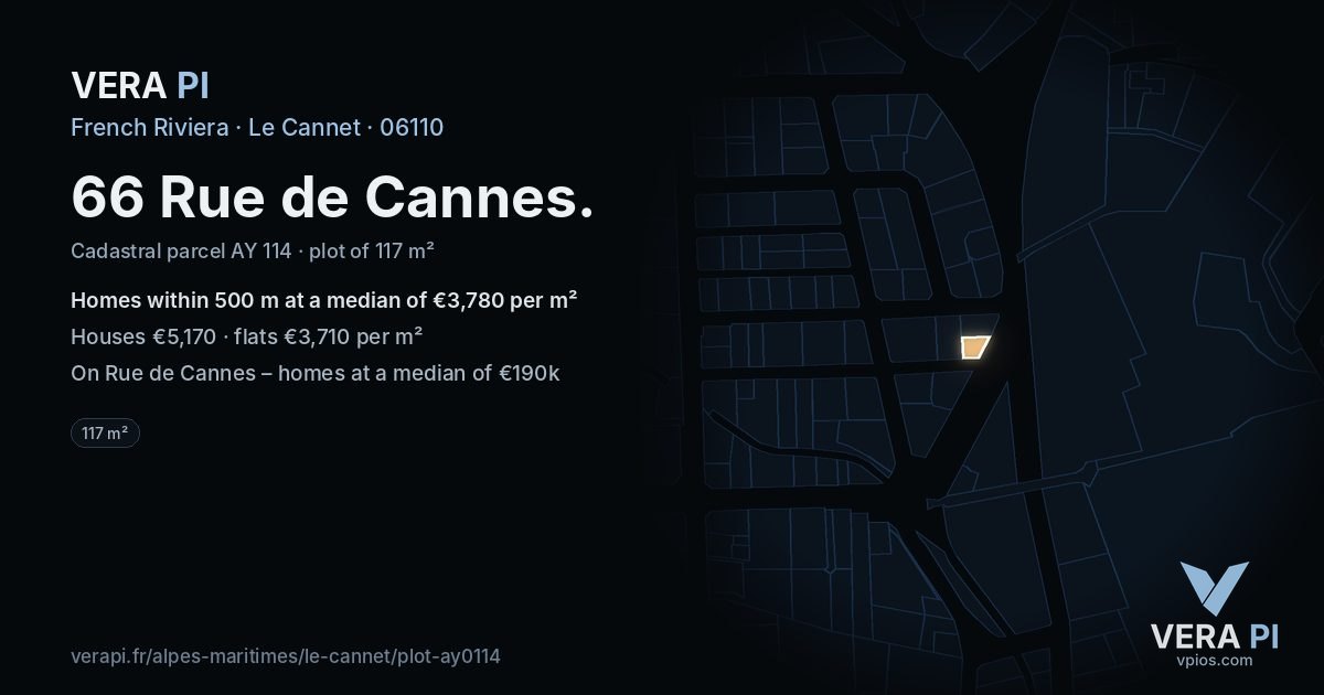 66 Rue de Cannes, Le Cannet at night – the plot lit, the parcels around coloured by the prices near them