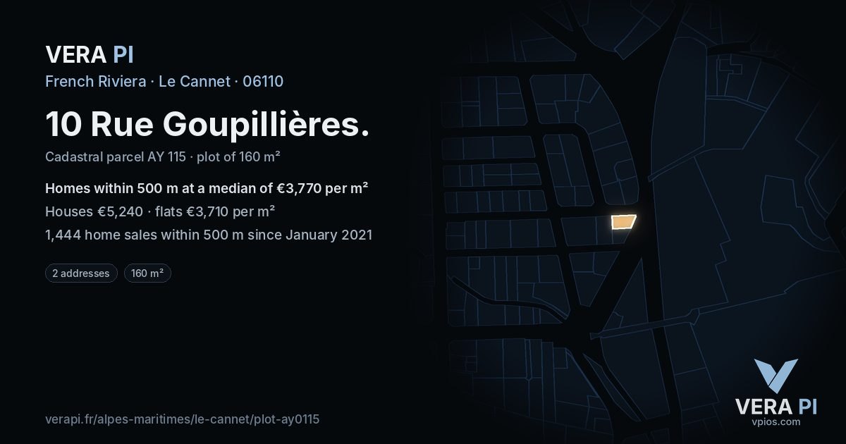 10 Rue Goupillières, Le Cannet at night – the plot lit, the parcels around coloured by the prices near them