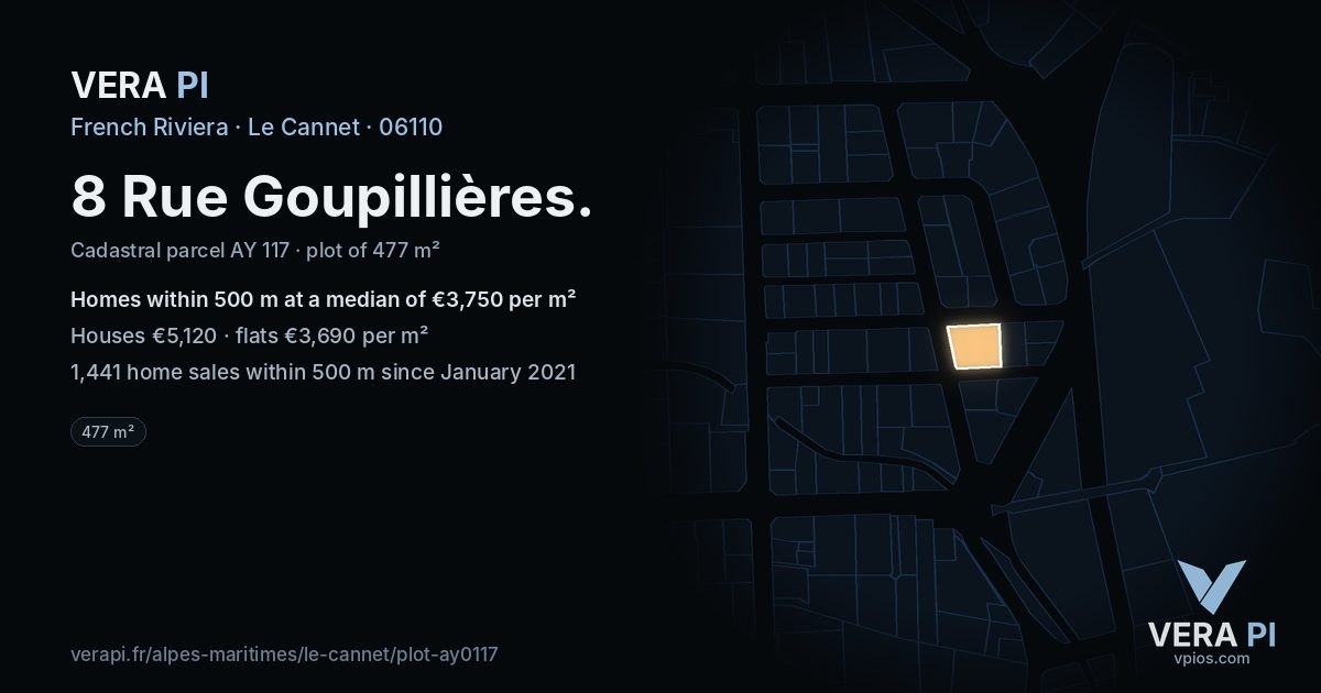 8 Rue Goupillières, Le Cannet at night – the plot lit, the parcels around coloured by the prices near them