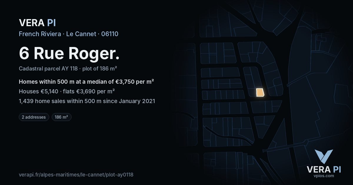 6 Rue Roger, Le Cannet at night – the plot lit, the parcels around coloured by the prices near them