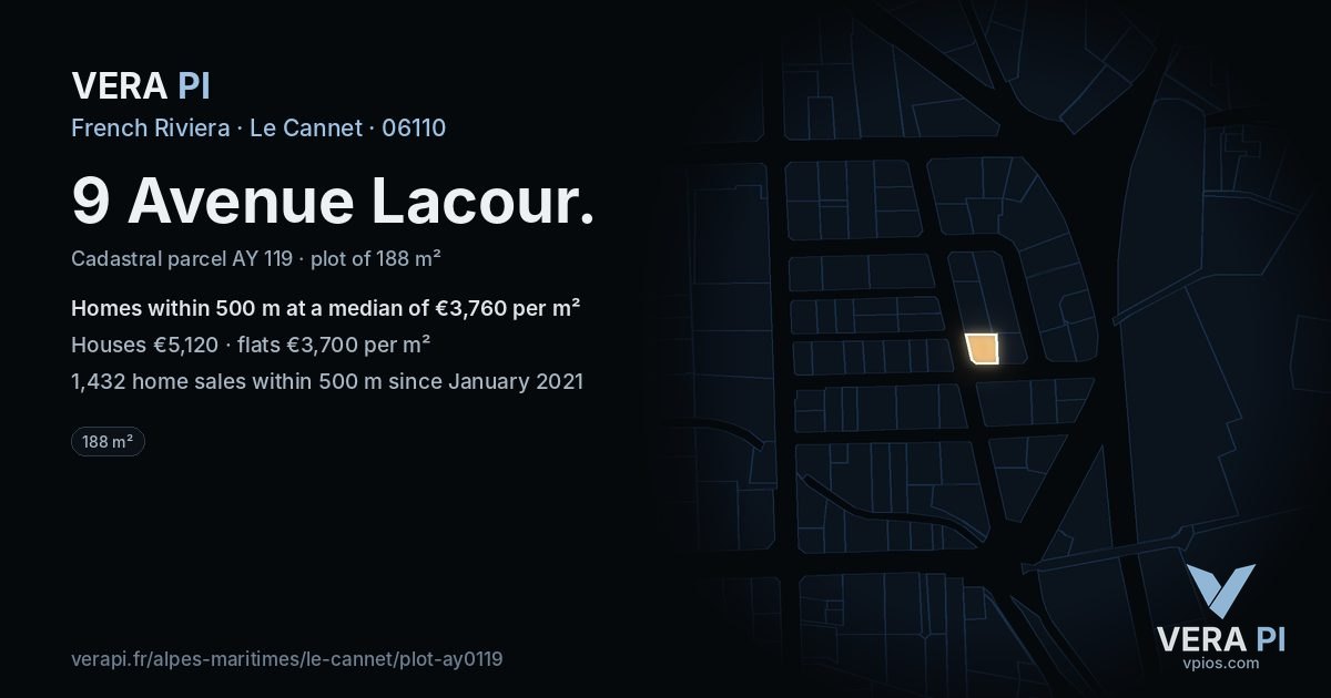 9 Avenue Lacour, Le Cannet at night – the plot lit, the parcels around coloured by the prices near them