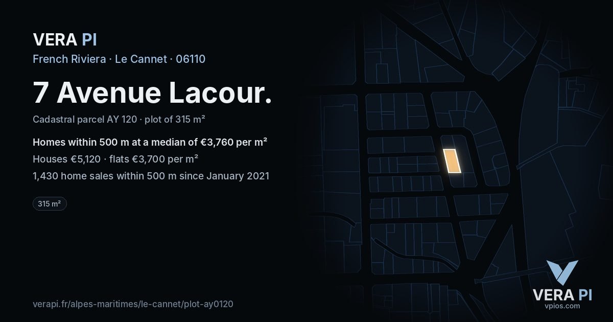 7 Avenue Lacour, Le Cannet at night – the plot lit, the parcels around coloured by the prices near them