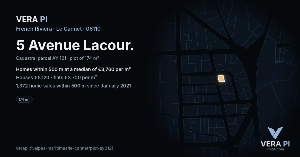 5 Avenue Lacour, Le Cannet at night – the plot lit, the parcels around coloured by the prices near them