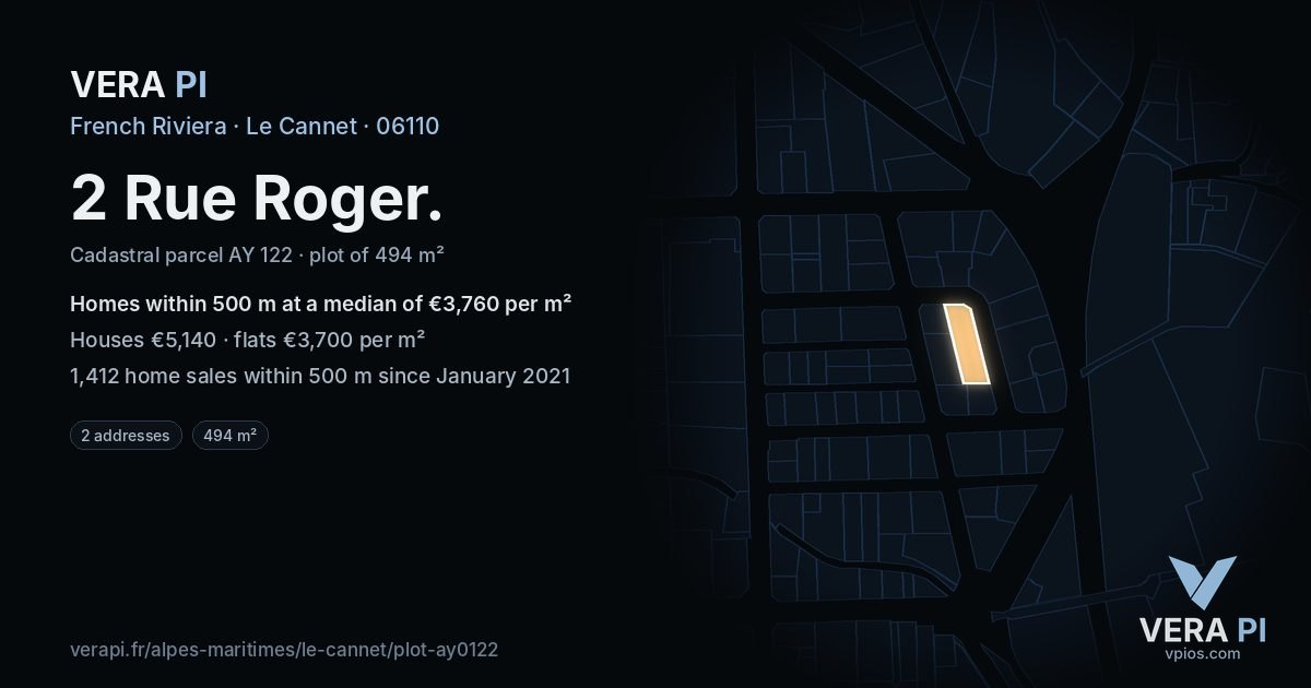 2 Rue Roger, Le Cannet at night – the plot lit, the parcels around coloured by the prices near them
