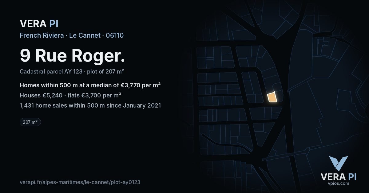 9 Rue Roger, Le Cannet at night – the plot lit, the parcels around coloured by the prices near them