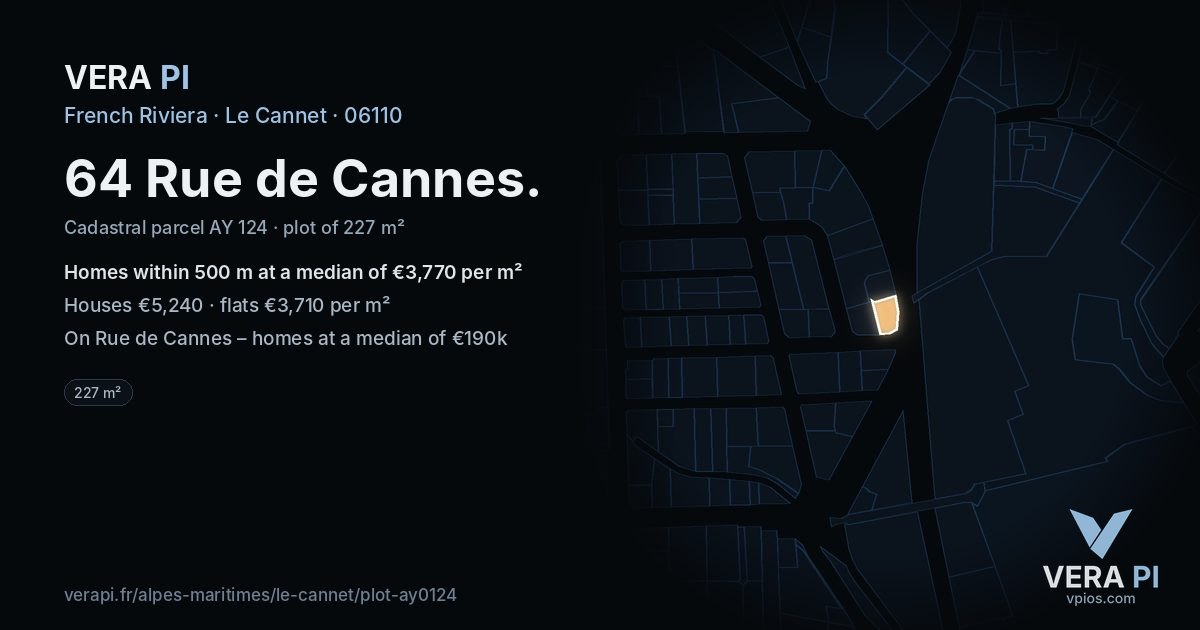 64 Rue de Cannes, Le Cannet at night – the plot lit, the parcels around coloured by the prices near them
