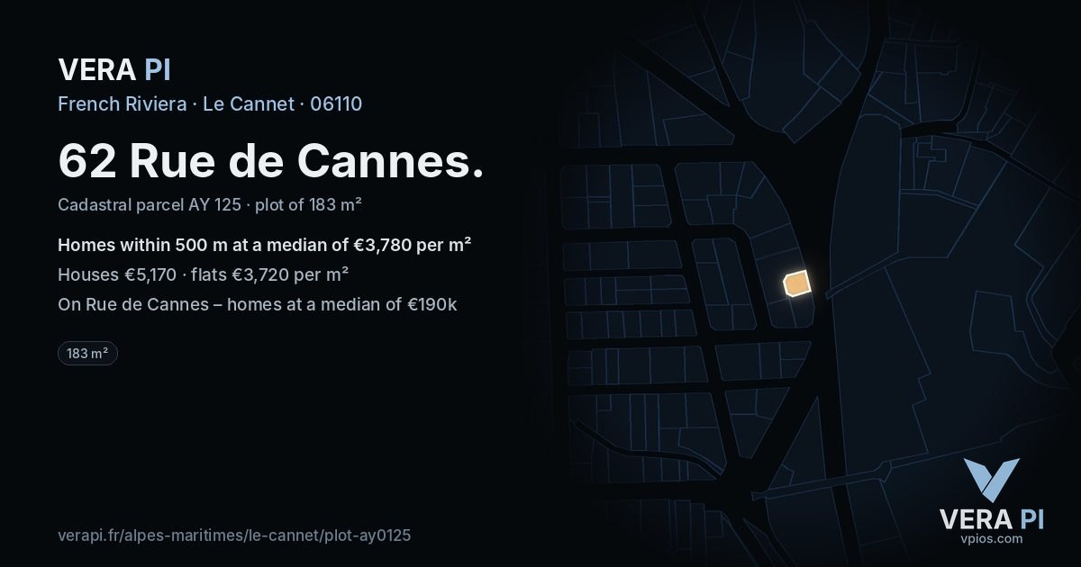 62 Rue de Cannes, Le Cannet at night – the plot lit, the parcels around coloured by the prices near them