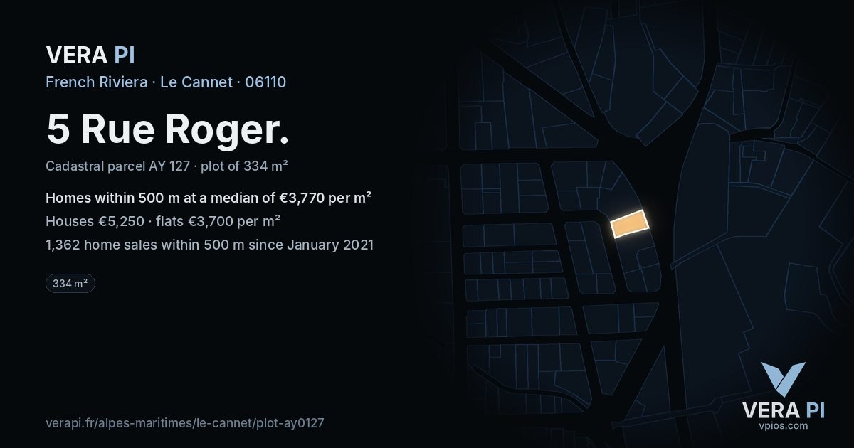 5 Rue Roger, Le Cannet at night – the plot lit, the parcels around coloured by the prices near them