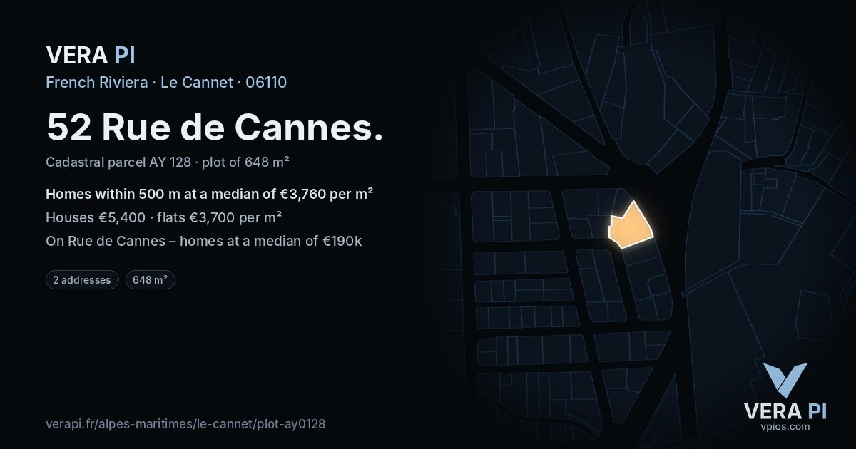 52 Rue de Cannes, Le Cannet at night – the plot lit, the parcels around coloured by the prices near them