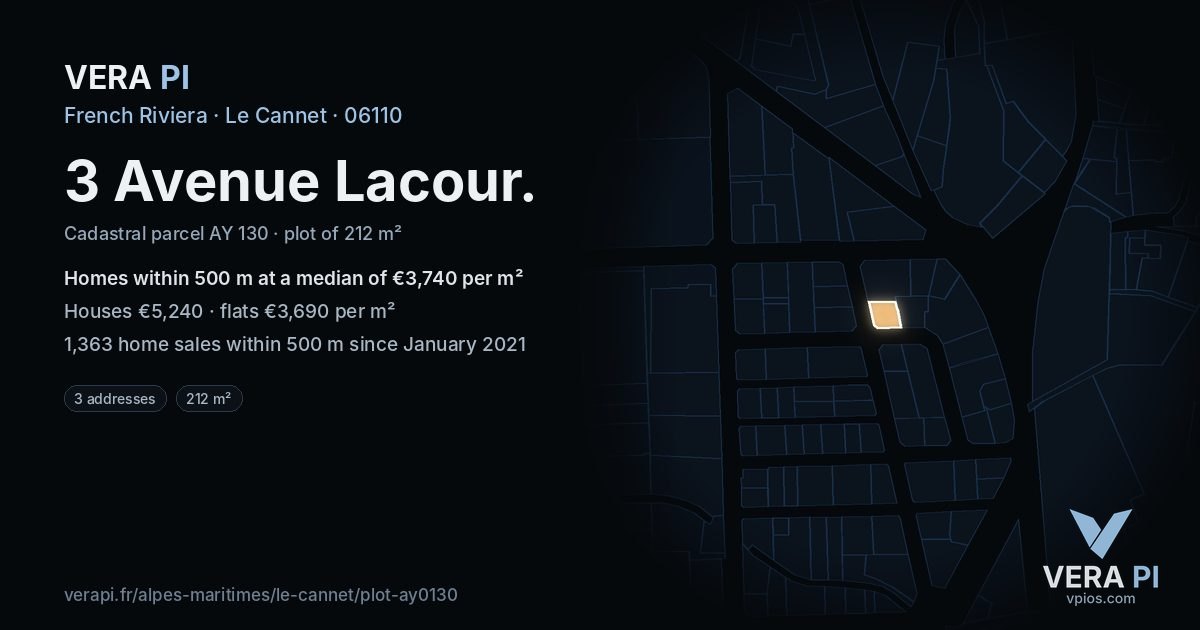 3 Avenue Lacour, Le Cannet at night – the plot lit, the parcels around coloured by the prices near them
