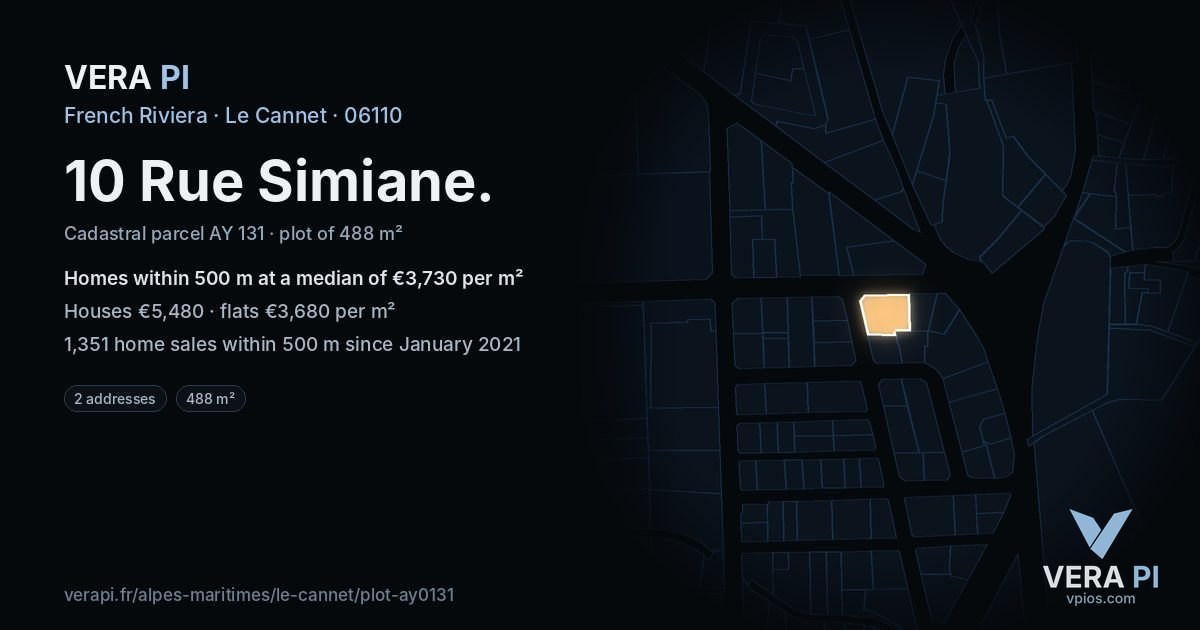 10 Rue Simiane, Le Cannet at night – the plot lit, the parcels around coloured by the prices near them