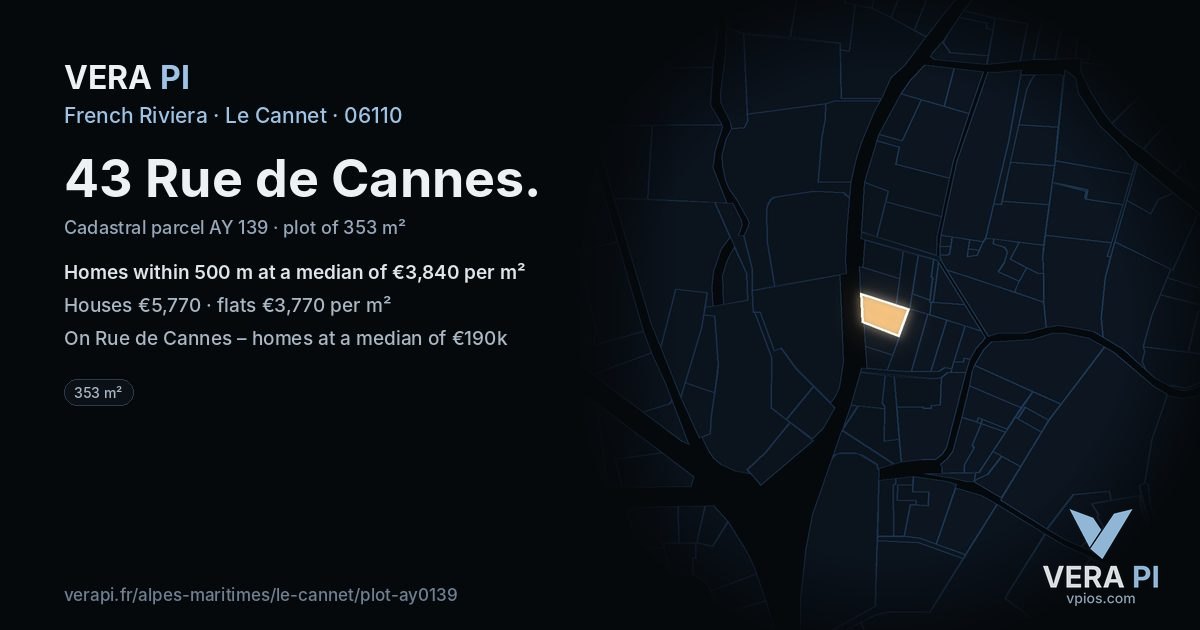 43 Rue de Cannes, Le Cannet at night – the plot lit, the parcels around coloured by the prices near them