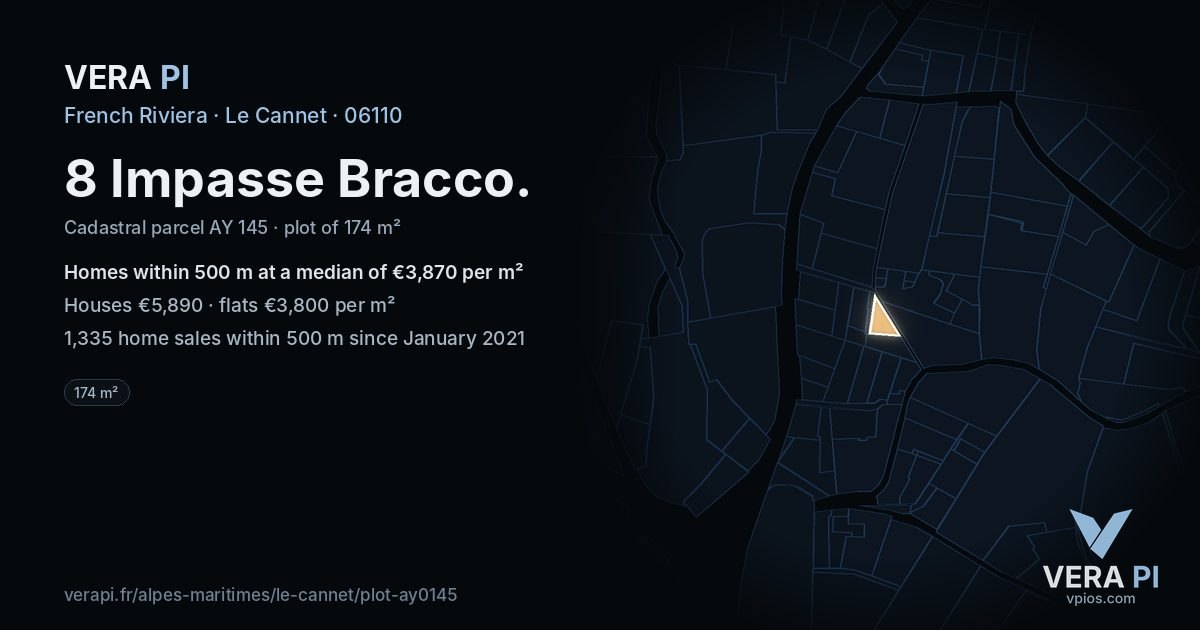 8 Impasse Bracco, Le Cannet at night – the plot lit, the parcels around coloured by the prices near them