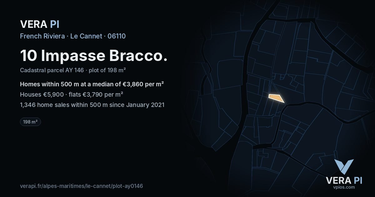 10 Impasse Bracco, Le Cannet at night – the plot lit, the parcels around coloured by the prices near them