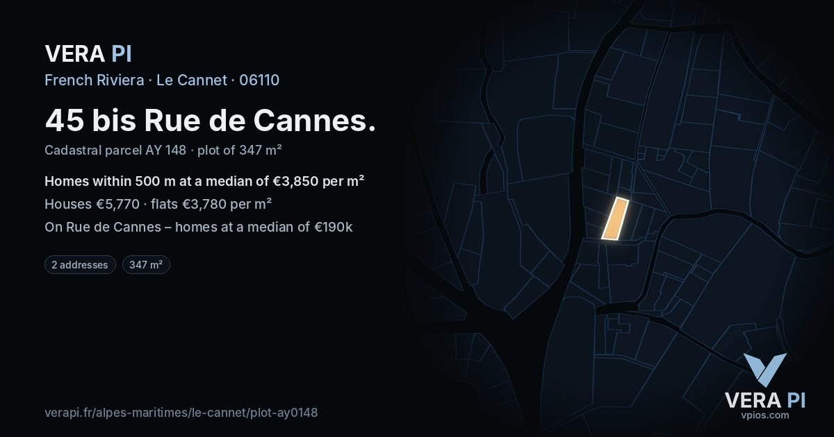 45 bis Rue de Cannes, Le Cannet at night – the plot lit, the parcels around coloured by the prices near them