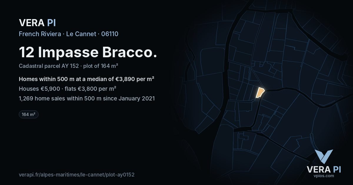 12 Impasse Bracco, Le Cannet at night – the plot lit, the parcels around coloured by the prices near them