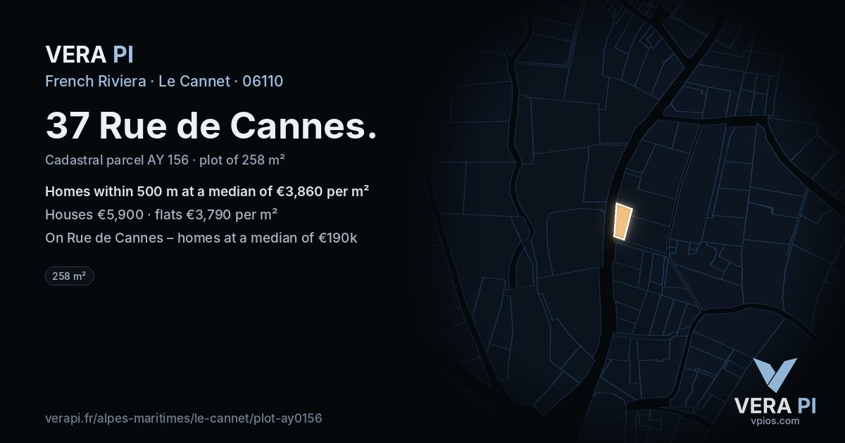 37 Rue de Cannes, Le Cannet at night – the plot lit, the parcels around coloured by the prices near them