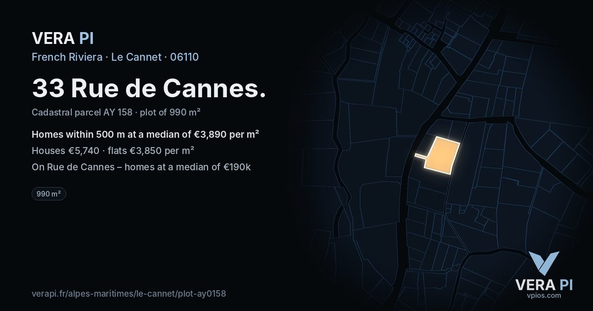 33 Rue de Cannes, Le Cannet at night – the plot lit, the parcels around coloured by the prices near them