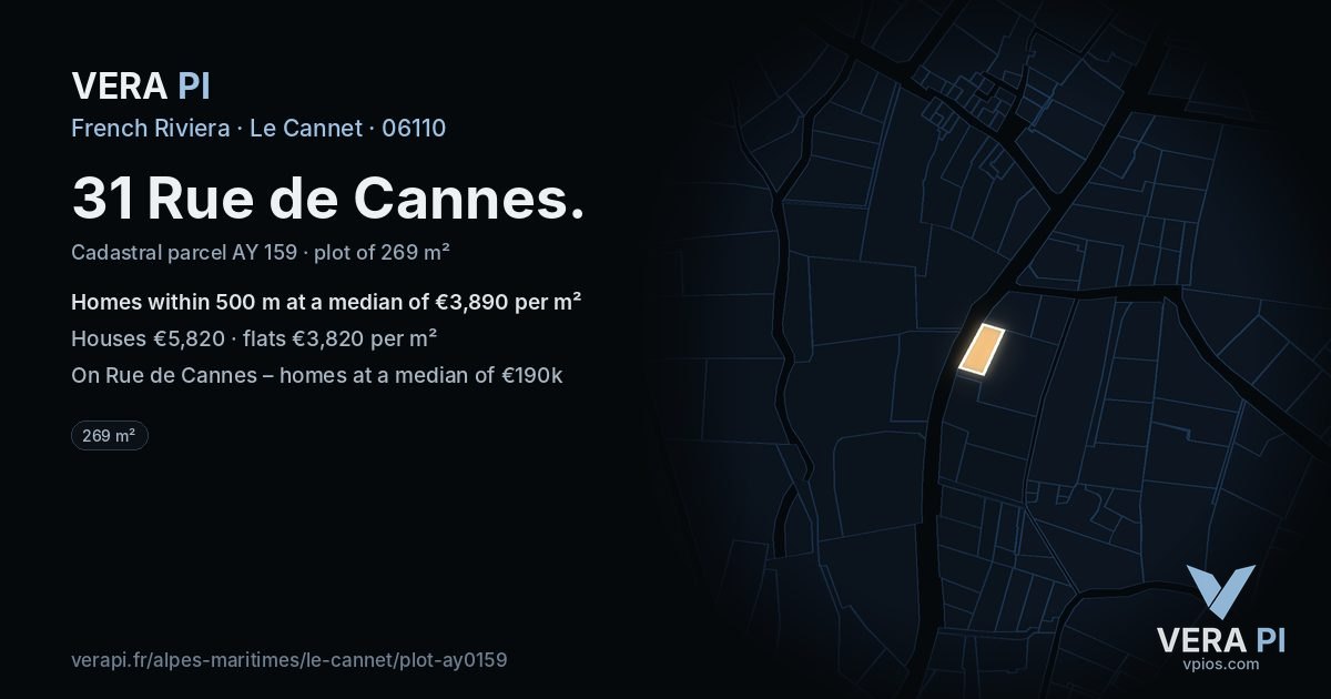 31 Rue de Cannes, Le Cannet at night – the plot lit, the parcels around coloured by the prices near them