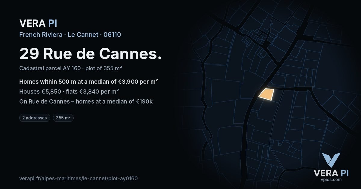 29 Rue de Cannes, Le Cannet at night – the plot lit, the parcels around coloured by the prices near them