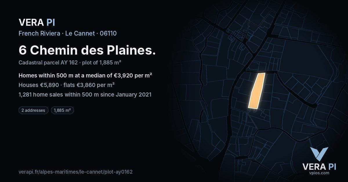 6 Chemin des Plaines, Le Cannet at night – the plot lit, the parcels around coloured by the prices near them