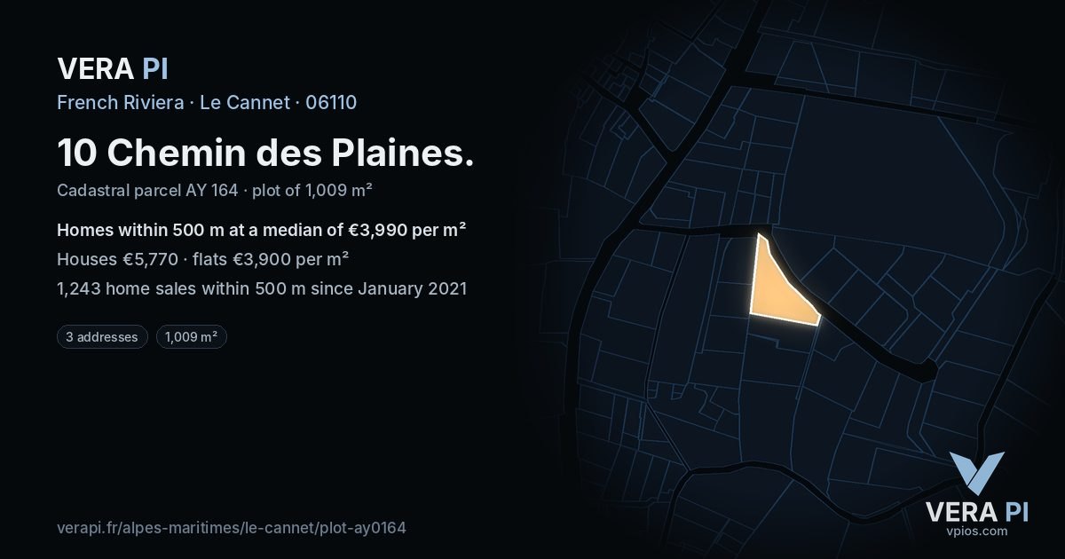 10 Chemin des Plaines, Le Cannet at night – the plot lit, the parcels around coloured by the prices near them