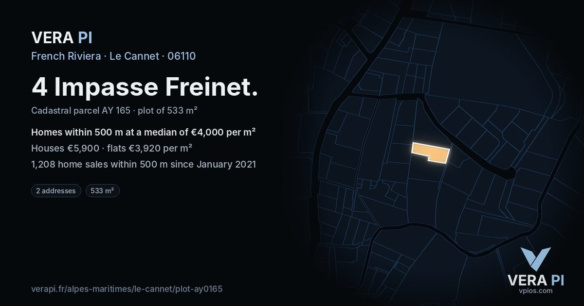 4 Impasse Freinet, Le Cannet at night – the plot lit, the parcels around coloured by the prices near them