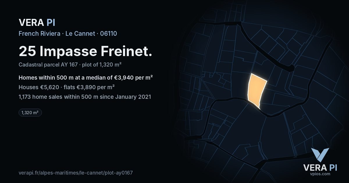 25 Impasse Freinet, Le Cannet at night – the plot lit, the parcels around coloured by the prices near them