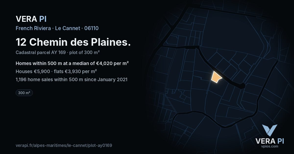 12 Chemin des Plaines, Le Cannet at night – the plot lit, the parcels around coloured by the prices near them