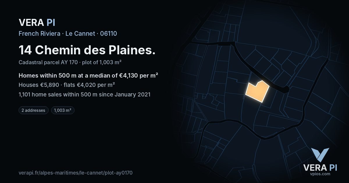 14 Chemin des Plaines, Le Cannet at night – the plot lit, the parcels around coloured by the prices near them