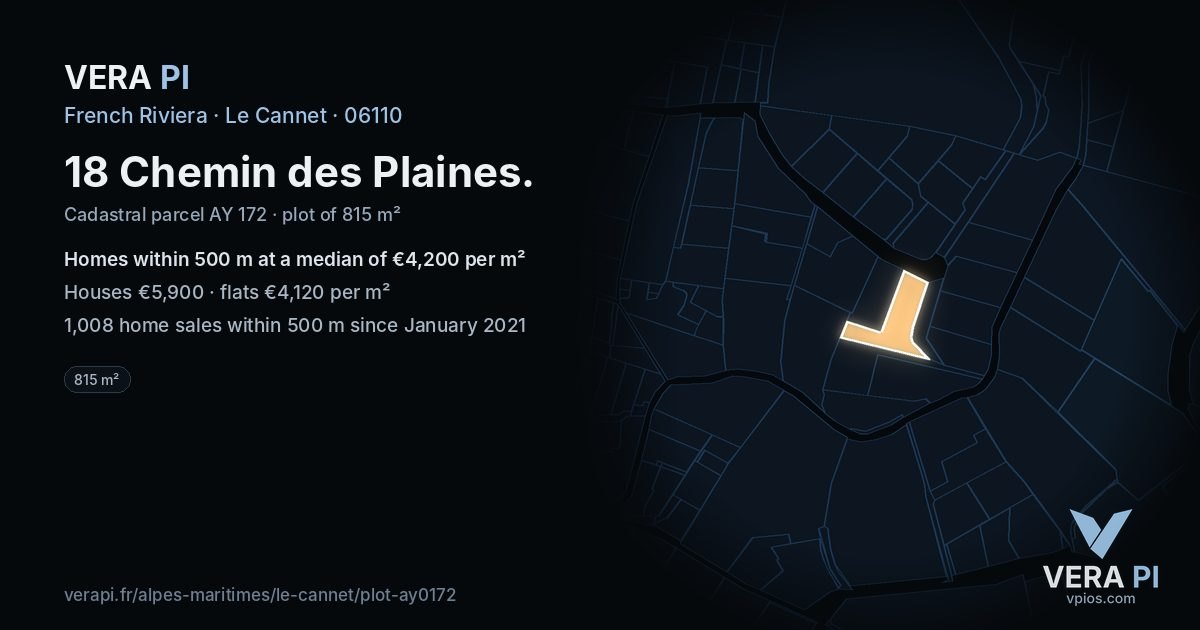 18 Chemin des Plaines, Le Cannet at night – the plot lit, the parcels around coloured by the prices near them