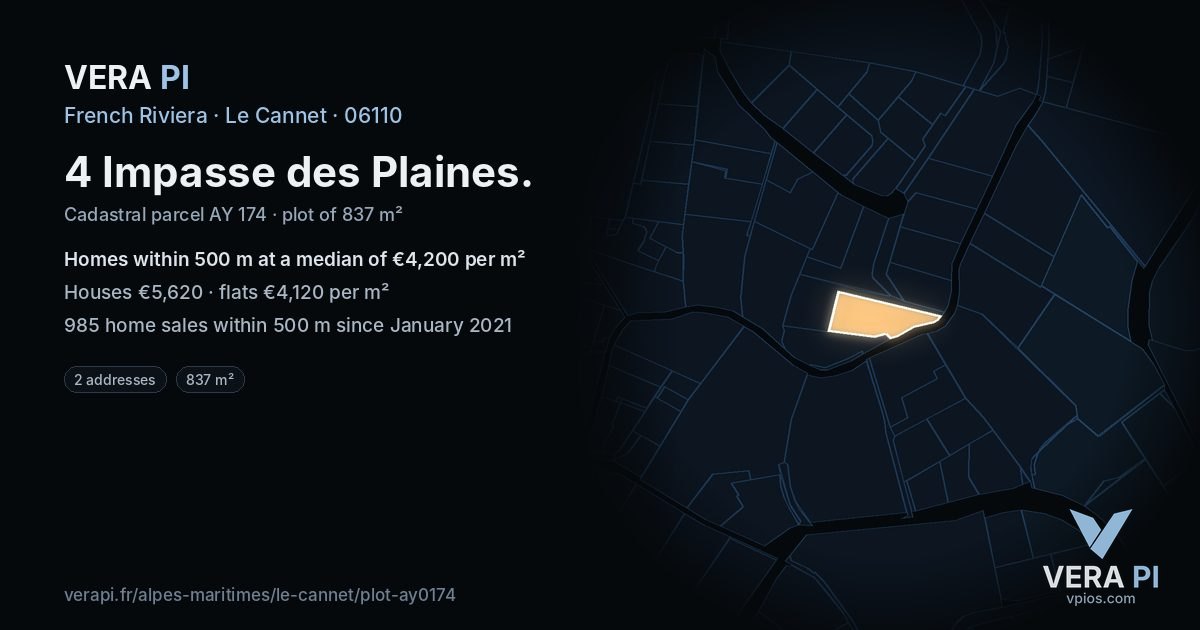 4 Impasse des Plaines, Le Cannet at night – the plot lit, the parcels around coloured by the prices near them
