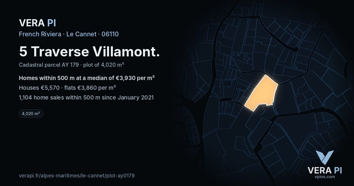 5 Traverse Villamont, Le Cannet at night – the plot lit, the parcels around coloured by the prices near them