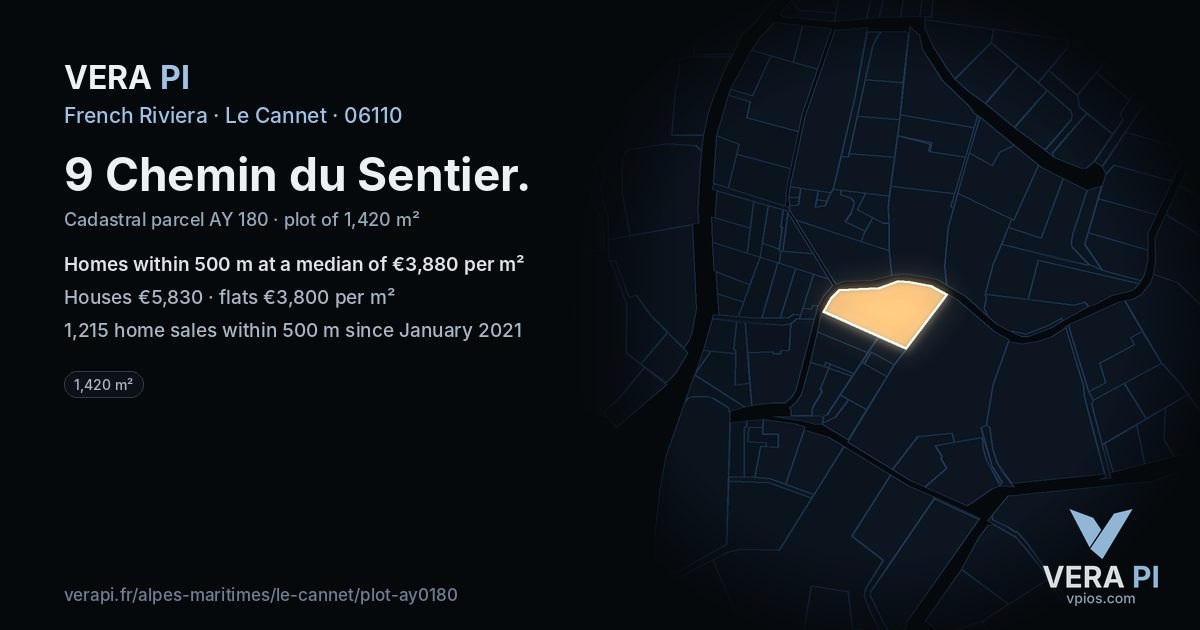 9 Chemin du Sentier, Le Cannet at night – the plot lit, the parcels around coloured by the prices near them