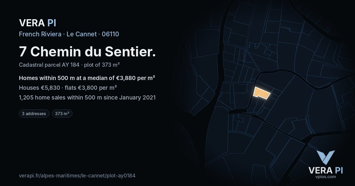 7 Chemin du Sentier, Le Cannet at night – the plot lit, the parcels around coloured by the prices near them
