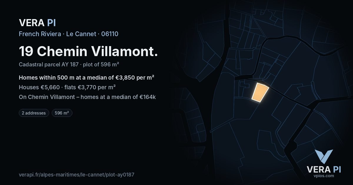 19 Chemin Villamont, Le Cannet at night – the plot lit, the parcels around coloured by the prices near them